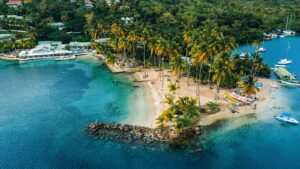 Entdecken Sie die idyllische Küstenlandschaft mit Palmen, klarem Wasser und Yachten, ideal für das perfekte Urlaubs- oder Segelabenteuer.