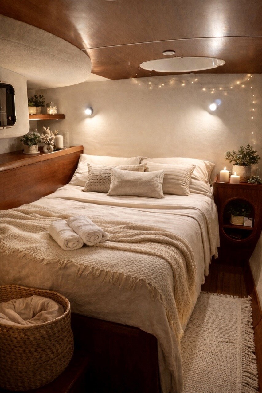 Luxurious bedroom interior with soft lighting, plush bedding, and decorative pillows on the SV Monika private catamaran. Perfect for a relaxing and elegant maritime experience.